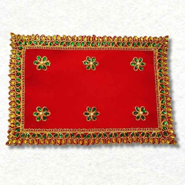 Mandir Assan in rectangle shape, colour: Red, size: 8×12 inches.