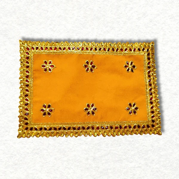 Mandir Assan in rectangle shape, colour: Yellow, size: 8×12 inches.