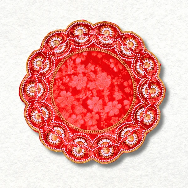 Mandir Assan in round shape, colour: Red, size: 10×10 inches.