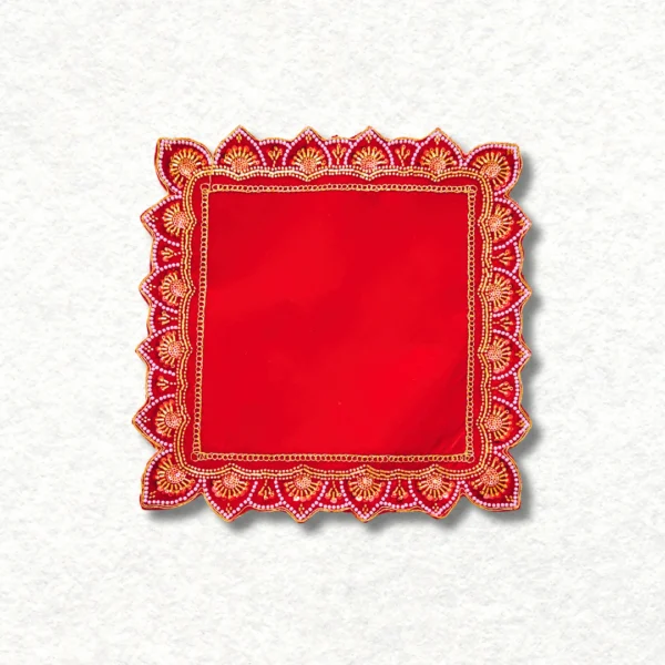 Mandir Assan in square Shape, colour: Red, size: 12×12 inches.
