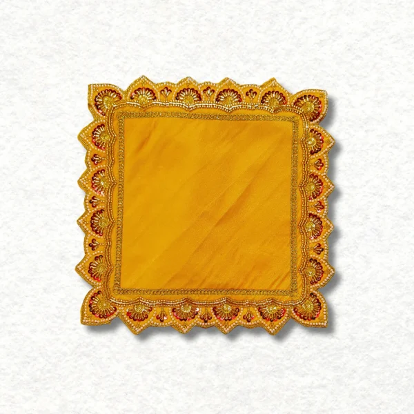 Mandir Assan in square Shape, colour: Yellow, size: 8×8 inches.